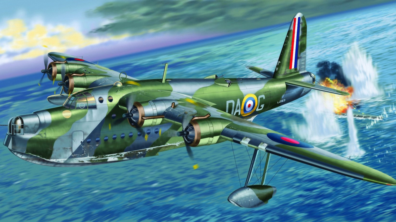 Download wallpaper war, art, airplane, painting, ww2, Sunderland Mk.I ...