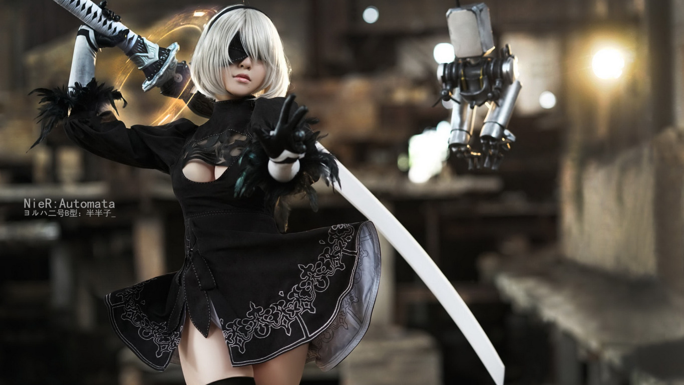 Download wallpaper cosplay, Nier Automata, 2B, No. 2 Yorha, section games  in resolution 1366x768