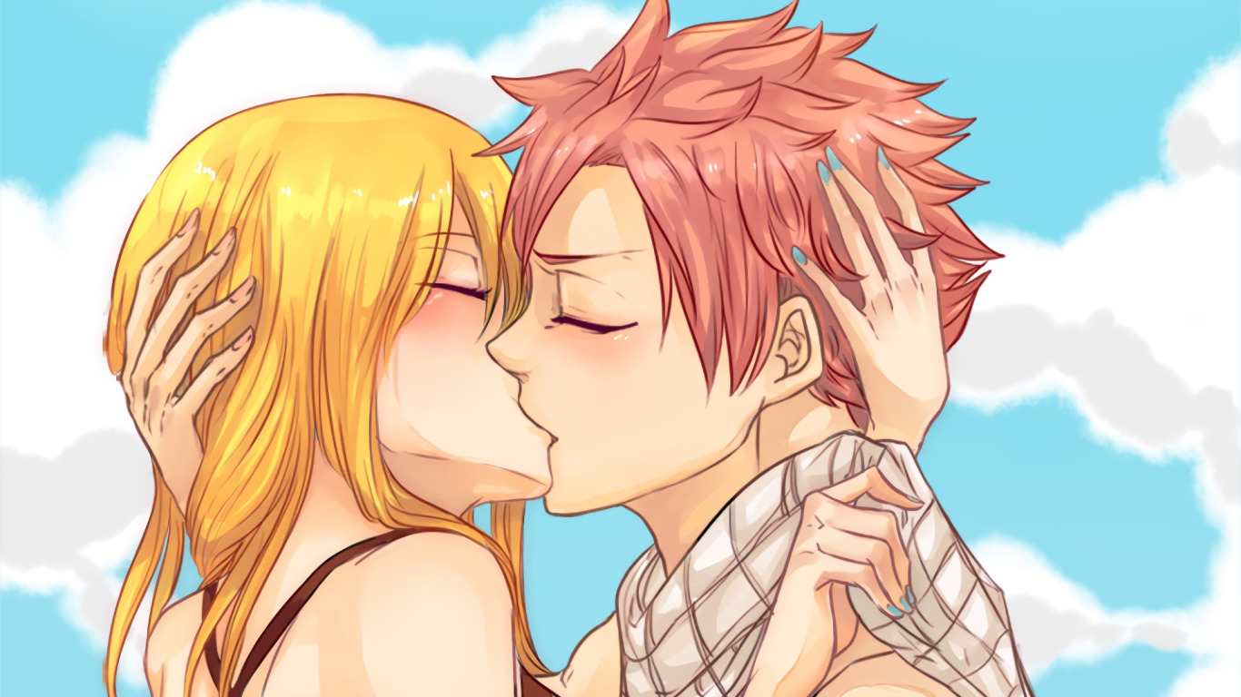 Download wallpaper love, kiss, pair, Lucy, Natsu, fairy tail, Fairy Tail,  section other in resolution 1366x768