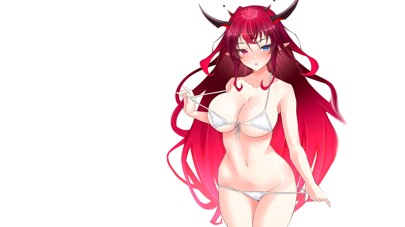 Download wallpaper girl, hot, sexy, horns, boobs, anime, big boobs, babe,  section seinen in resolution 1366x768