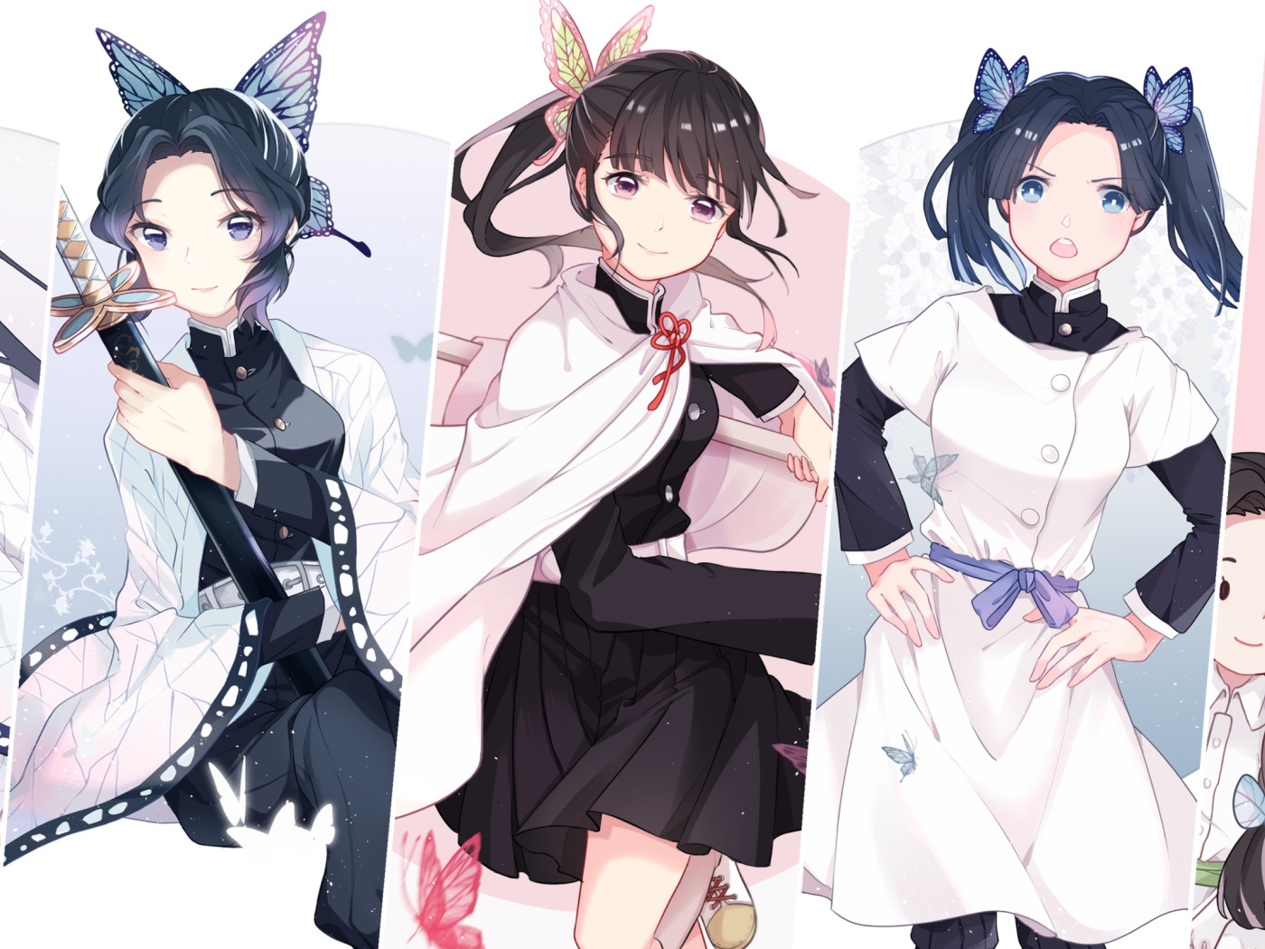 Download wallpaper girls, collage, Black Hair, The Blade Cleaves Demons,  Shinobu Kochou, Aoi Kanzaki, Kanae Kochou, section games in resolution  1400x1050