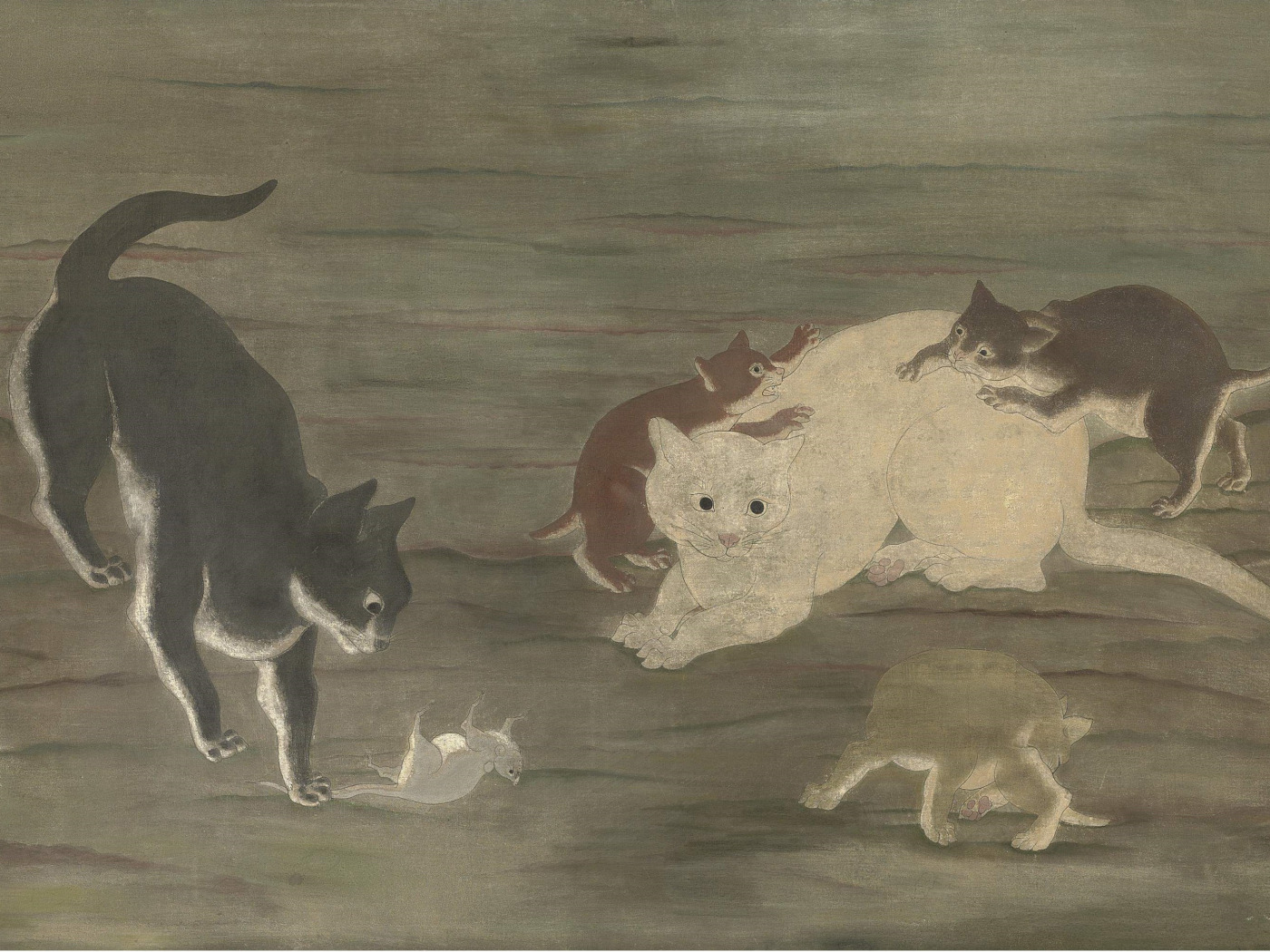 Download wallpaper the game, kittens, hunting, 1924, Tsuguharu, Fujita ...