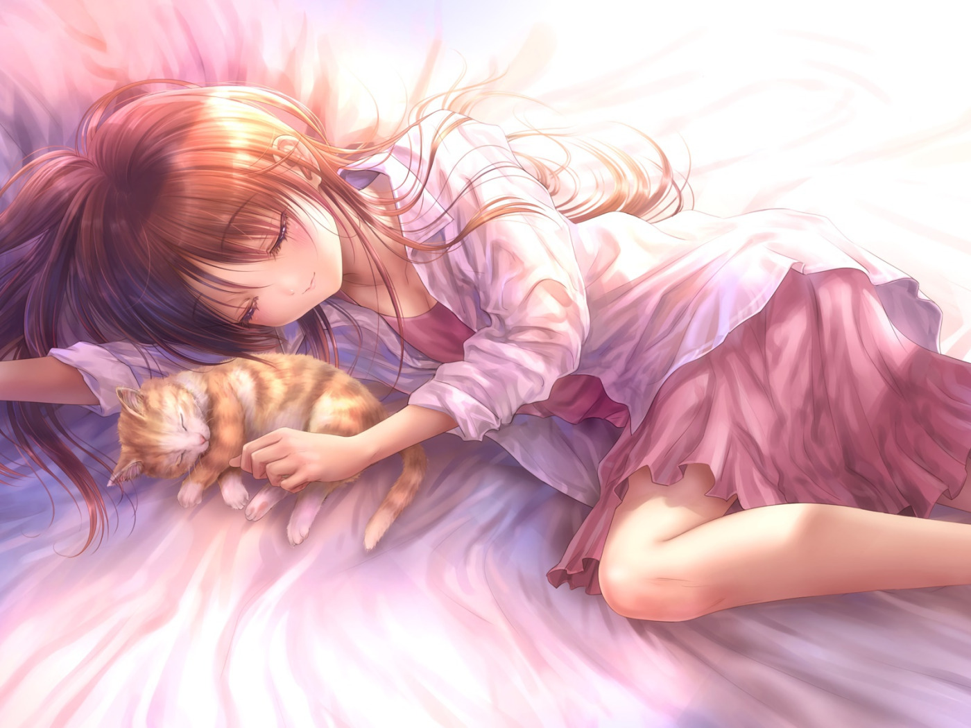 Download wallpaper cat, cat, anime, art, sleeping, girl, section art in  resolution 1400x1050