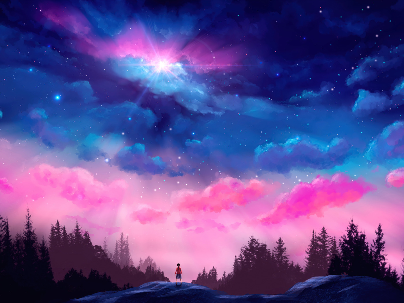 Download wallpaper forest, the sky, clouds, one, anime, boy, forest ...