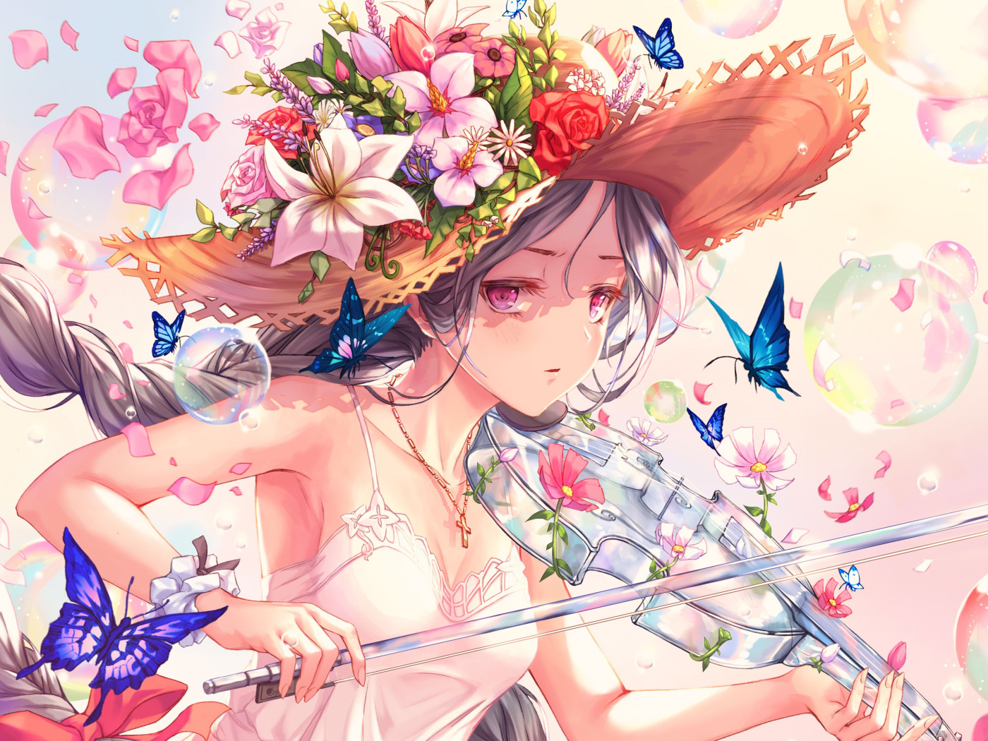 <b>girl</b>, <b>flowers</b>, music, hat.