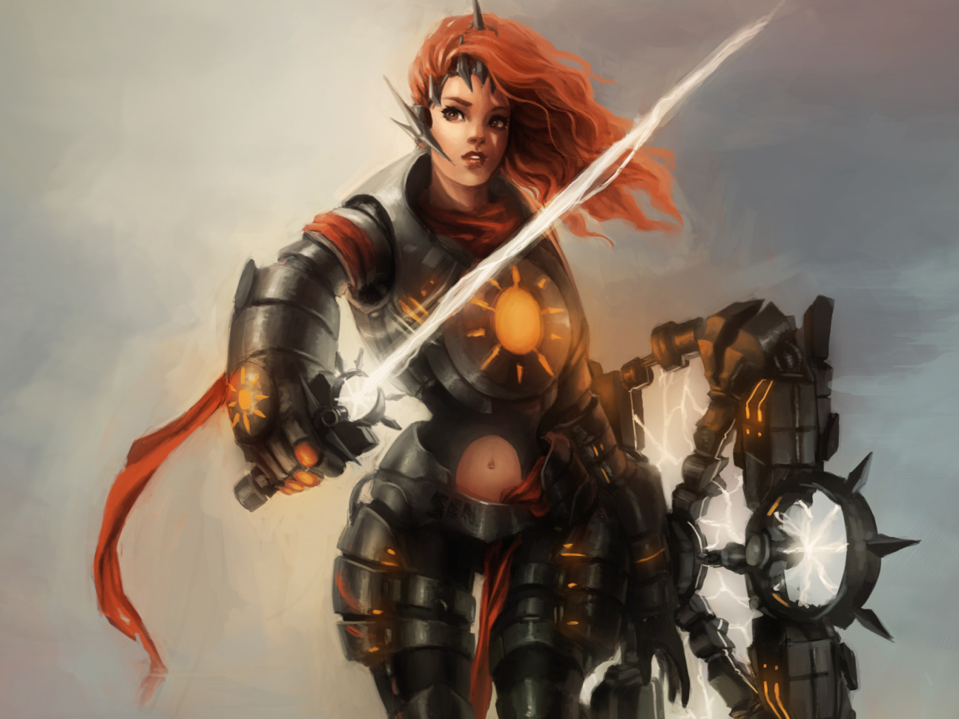 Download wallpaper girl, lightning, sword, fantasy, art, tape, red, armor, section fantasy in