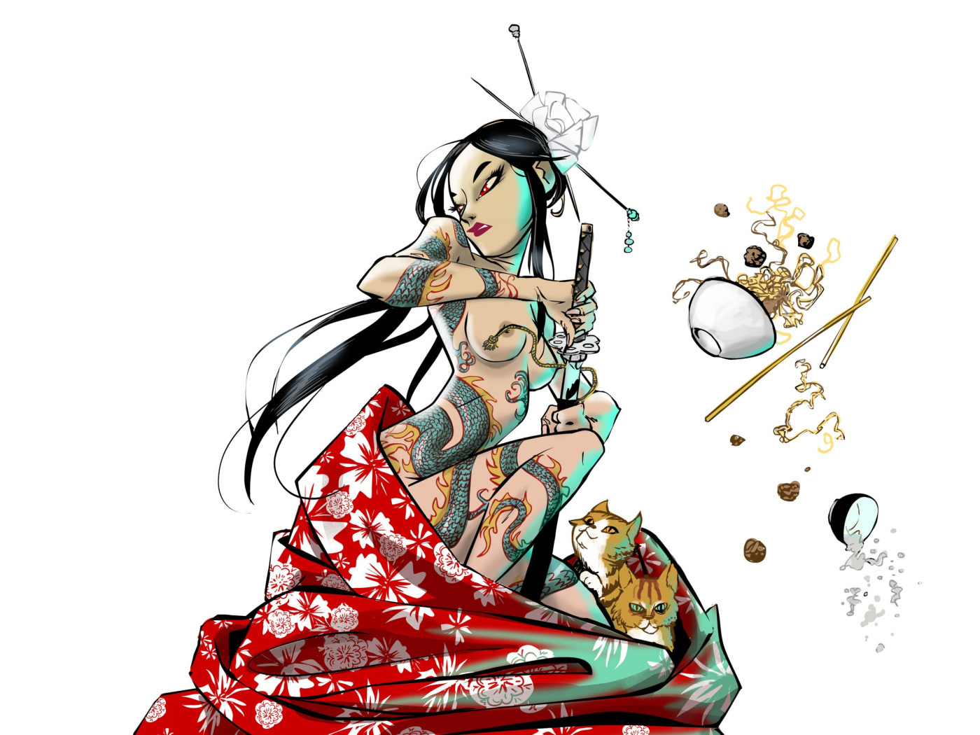 Download wallpaper Chest, Minimalism, Japan, Cats, Sword, Naked, Geisha,  Japanese, section seinen in resolution 1400x1050