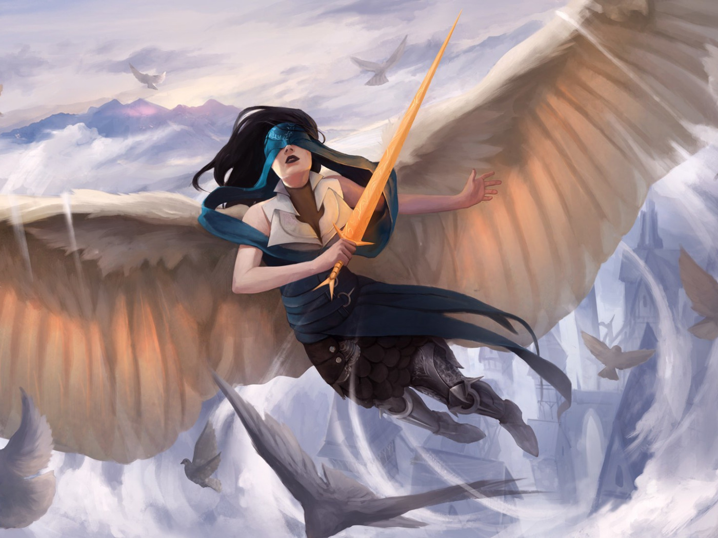 Download wallpaper girl, sword, fantasy, wings, birds, Angel, castle ...