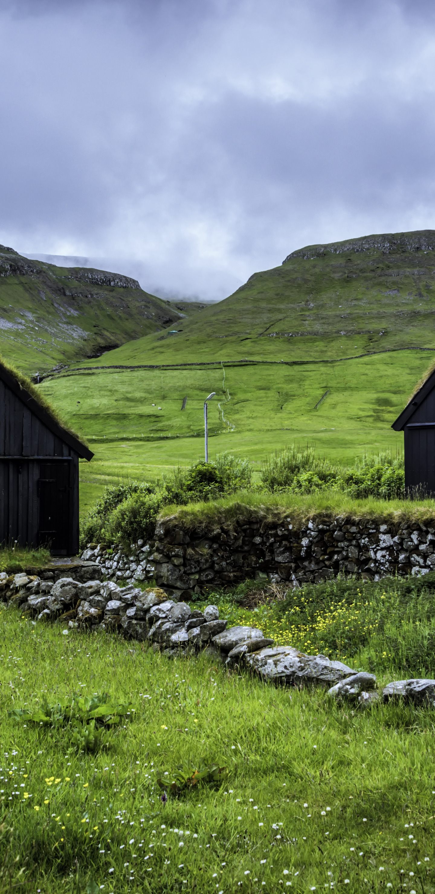 Download wallpaper the sky, clouds, hills, houses, Faroe Islands, Faroe ...