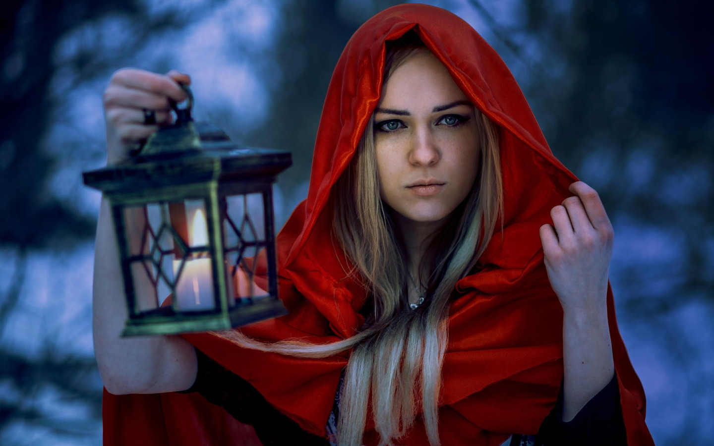 portrait, hood, lantern, in red