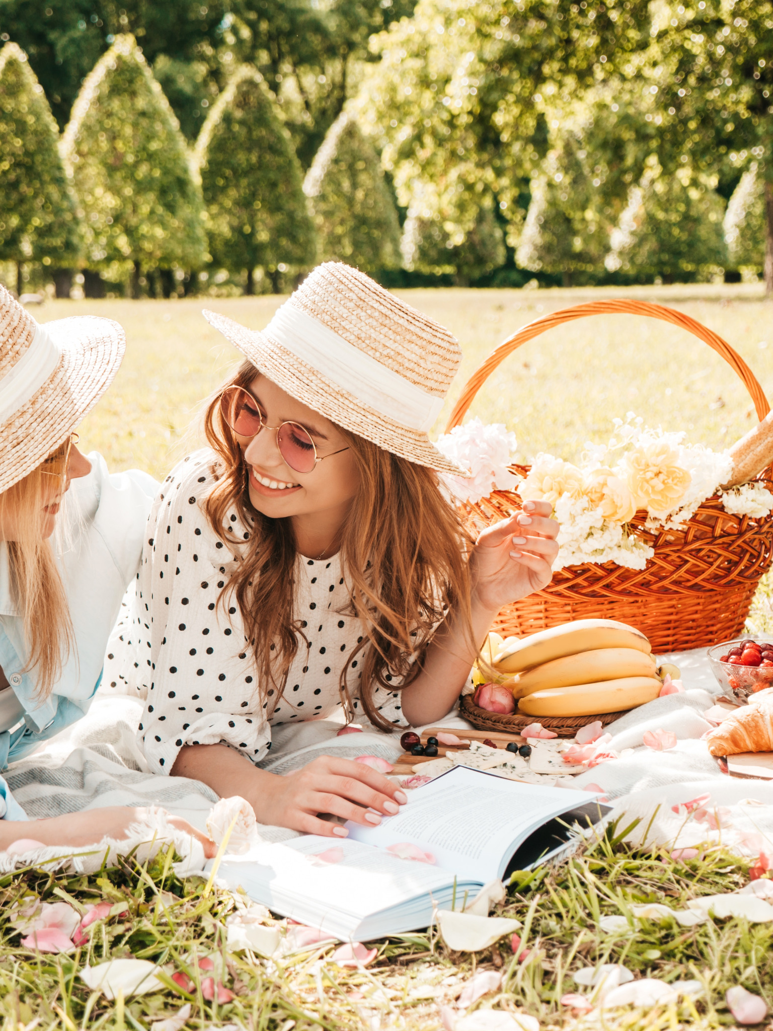 Download wallpaper summer, light, girls, stay, glade, fruit, picnic