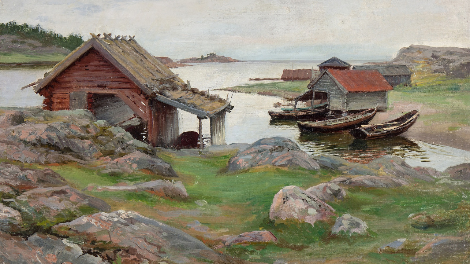 Download wallpaper 1900, Swedish artist, Fanny Brother, Fanny Ingeborg  Matilda Fry, Fanny Ingeborg Matilda Brother, Fanny Brate, Story arriving  from grisslehamn, Motifs from Grisslehamn, sweden, section painting in  resolution 1536x864