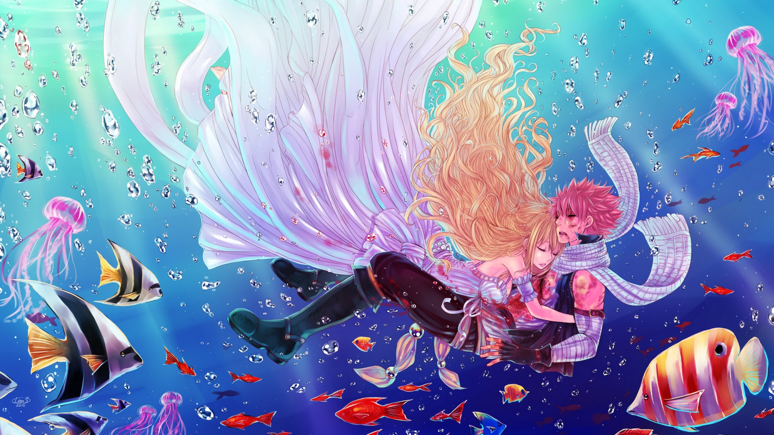 water, girl, fish, guy, under water, anime, art, fairy tail. 