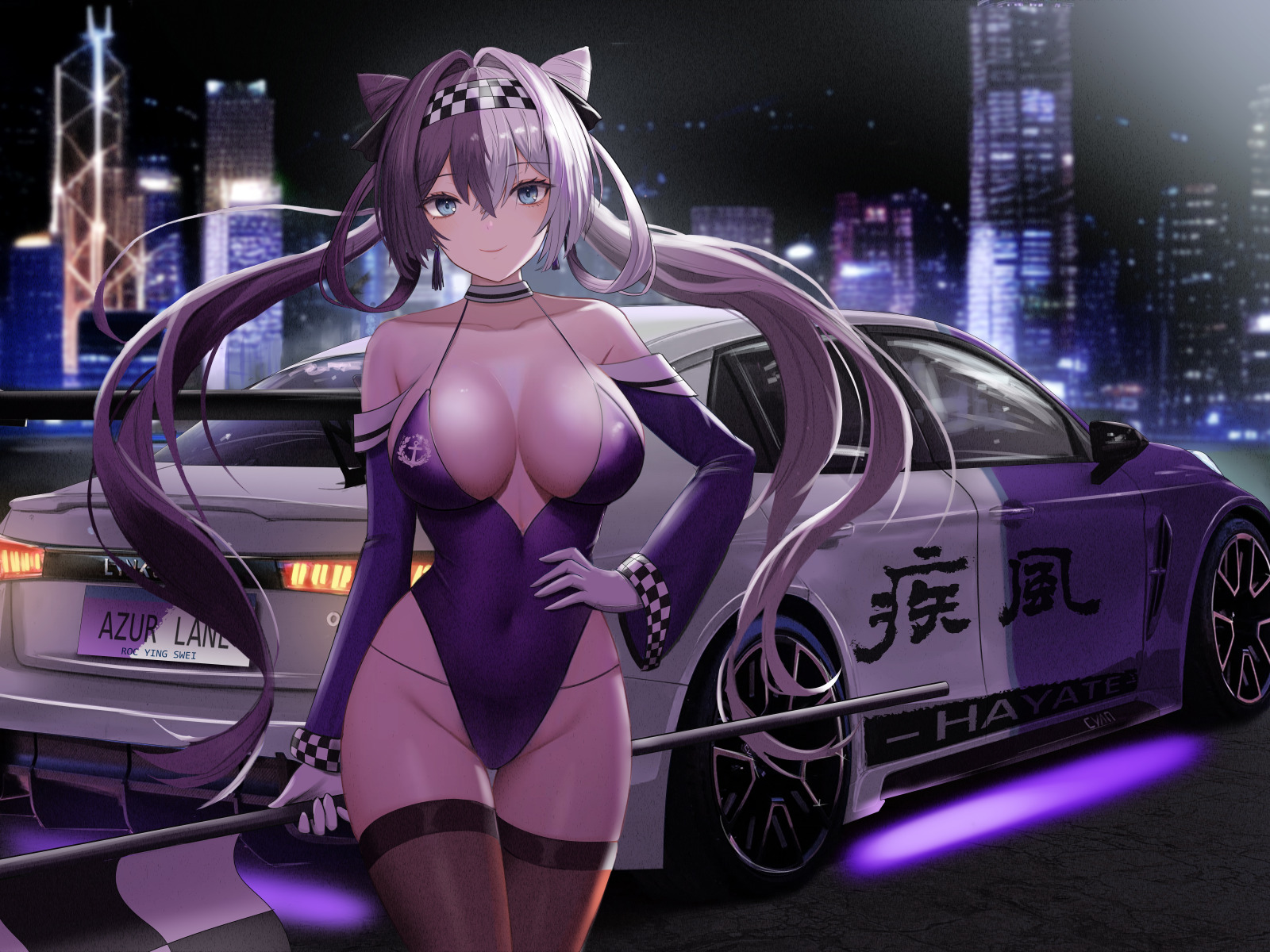 Download wallpaper car, anime, stockings, blue eyes, twintails, big boobs, anime  girls, Japanese, section other in resolution 1600x1200