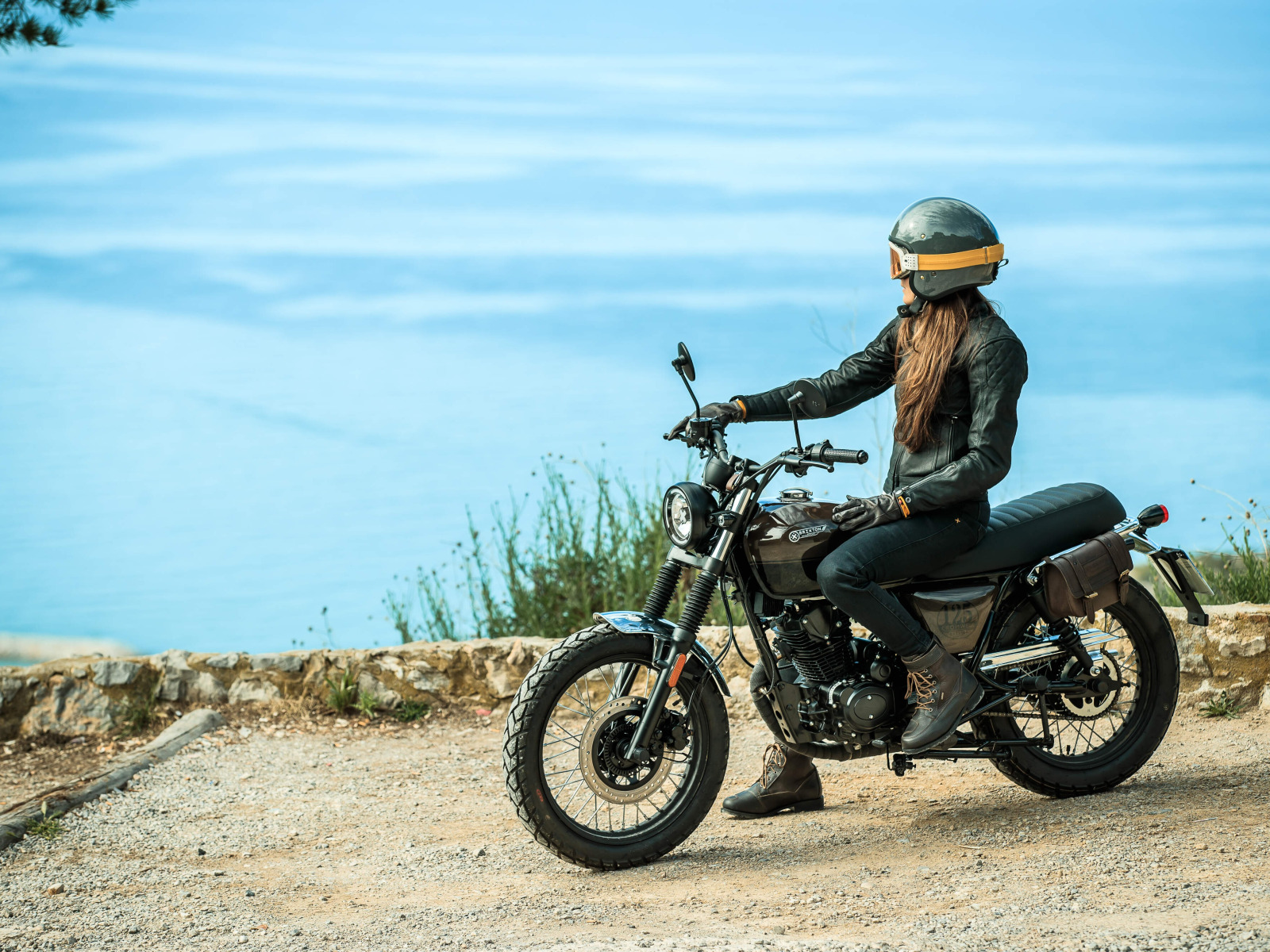 Download wallpaper Girl, Hair, Helmet, Motorcycle, Brixton, Entry-level