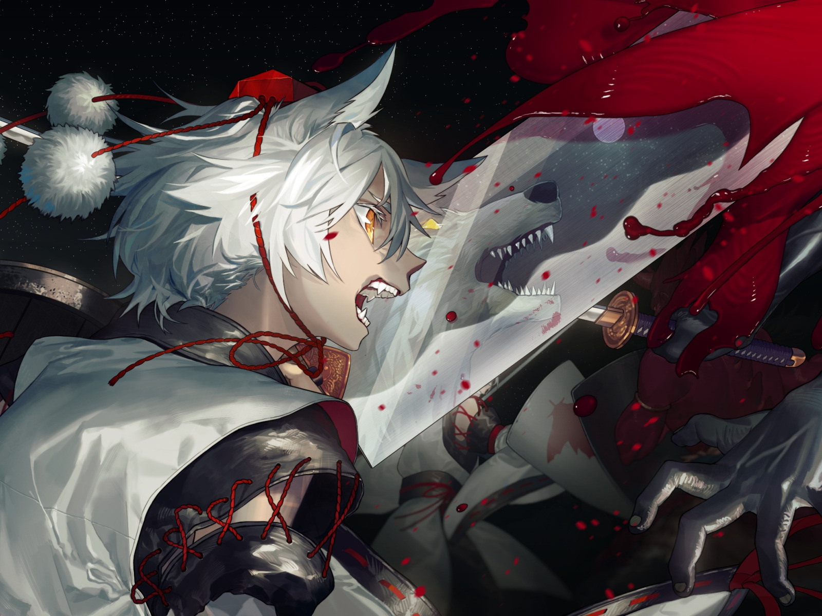 Download wallpaper girl, blood, wolf, katana, Inubashiri Momiji, Tohou ...