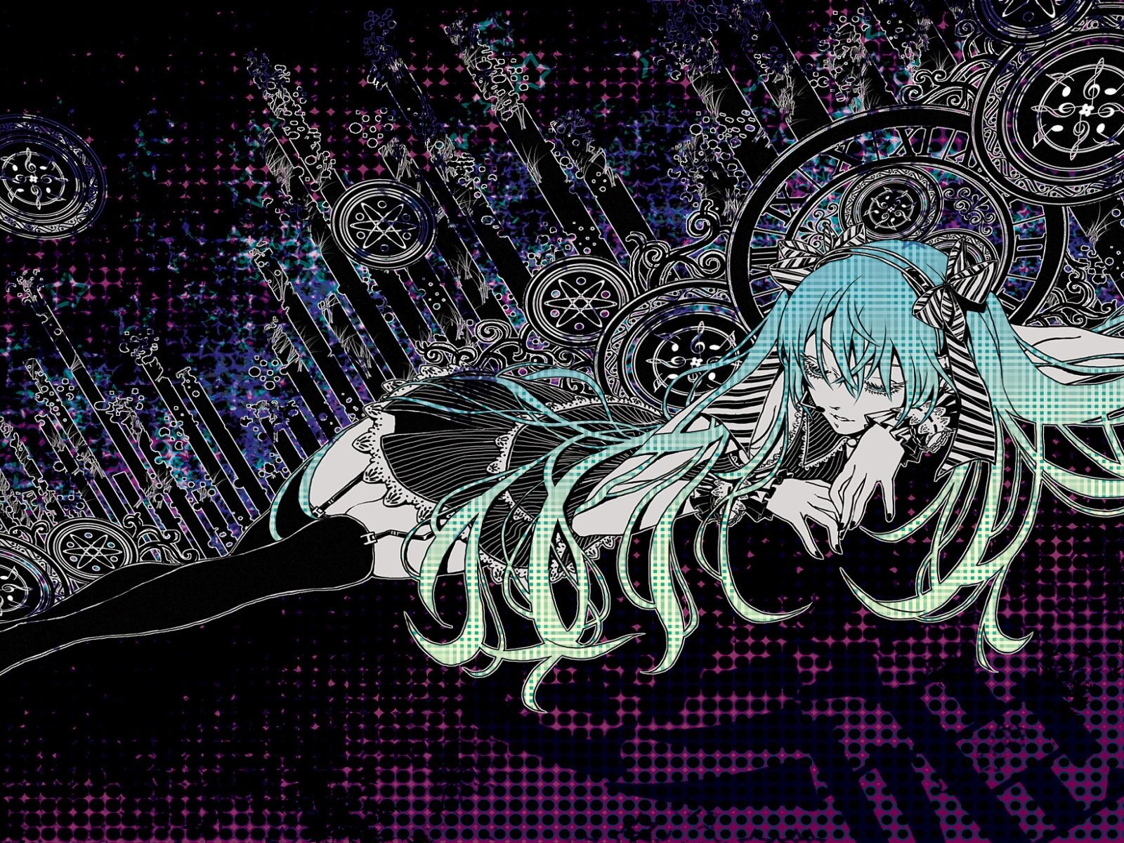 Download wallpaper characters, vocaloid, Hatsune Miku, Vocaloid, blue hair,  black stockings, hair bow, lying on his side, section other in resolution  1600x1200