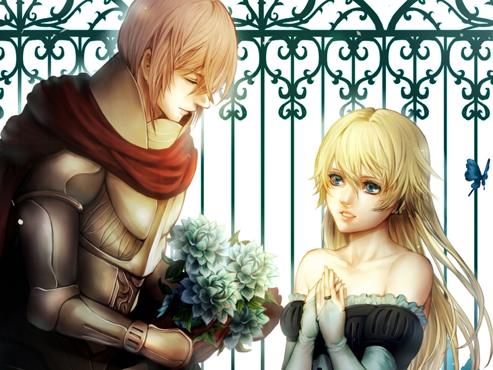 Download wallpaper girl, butterfly, bouquet, pair, Guy, lovers, <b>knight</b>, sec...