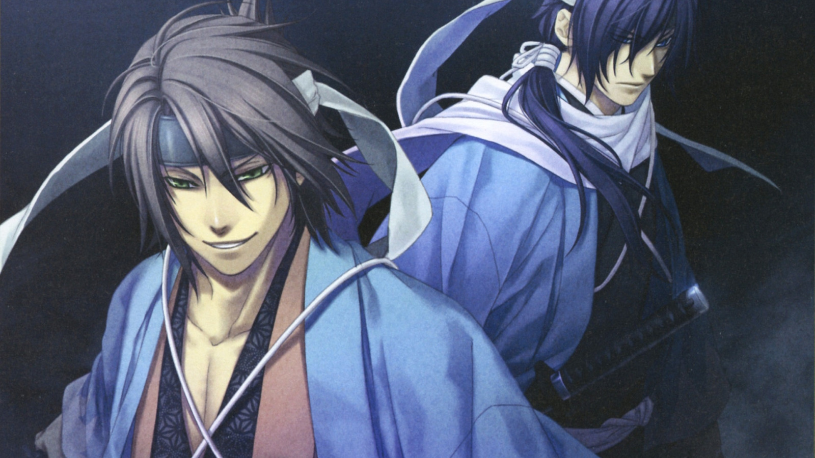 cloak, hakuouki shinsengumi kitano, okita souji, bandage on forehead, <b>saito</b> hajime, grin, scarf