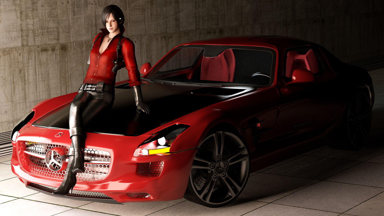 Download wallpaper machine, girl, SLS AMG, in red, Mercedes Benz ...