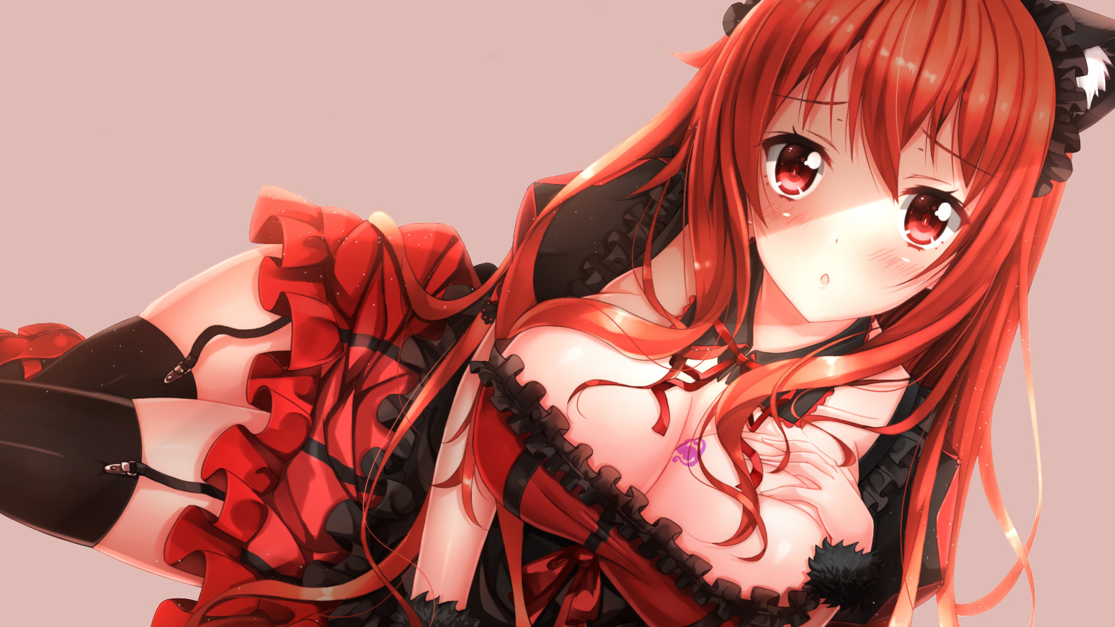 Download wallpaper girl, sexy, cleavage, thighhighs, red hair, long hair,  dress, boobs, section seinen in resolution 1600x900