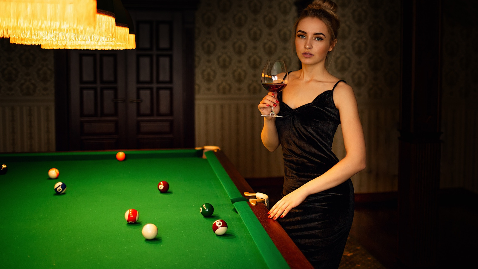 Download wallpaper girl, table, balls, glass, dress, Billiards, Anna ...