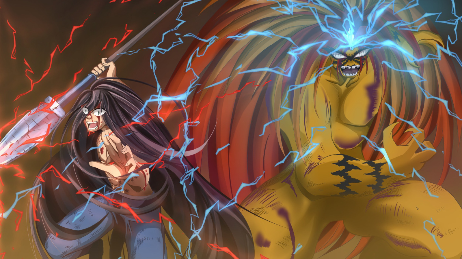 Download wallpaper demon, fire, flame, game, tiger, anime, general, boy,  section shonen in resolution 1600x900