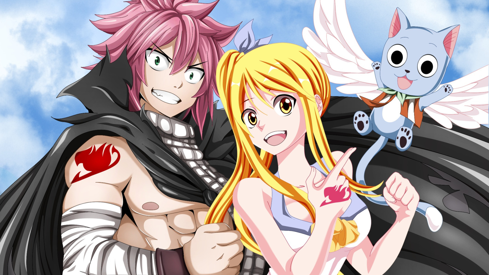 Download wallpaper anime, art, Fairy Tail, Natsu, Lucy, Happy, Fairy tail,  section shonen in resolution 1600x900