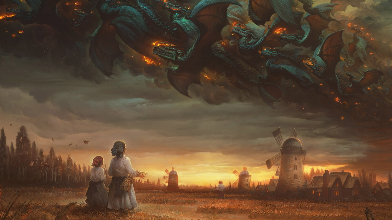 Dragon field. Джастин Герард художник. Драконы на поле фэнтези. Дракон в поле. Мельница дракон.