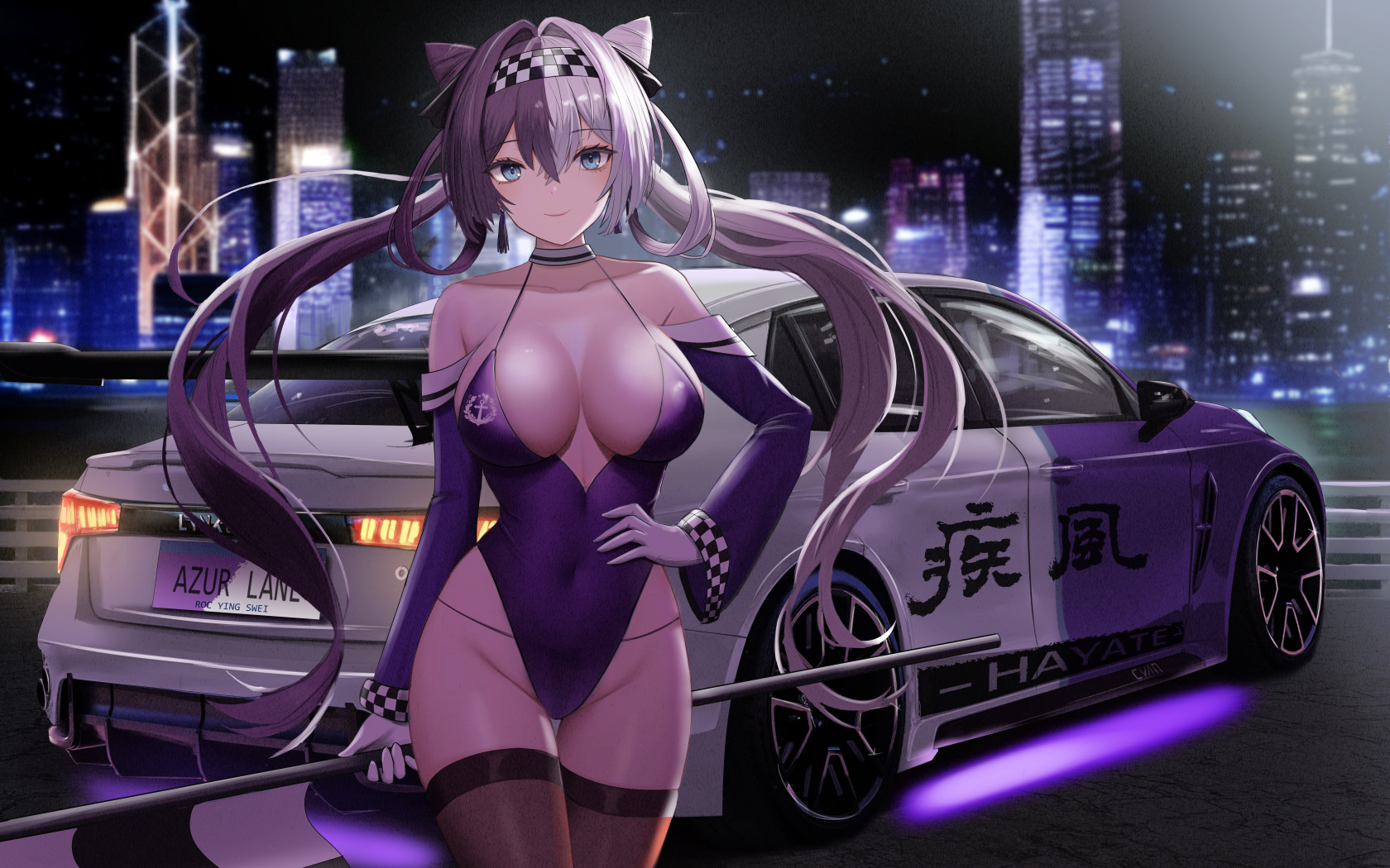 Download wallpaper car, anime, stockings, blue eyes, twintails, big boobs,  anime girls, Japanese, section other in resolution 1680x1050