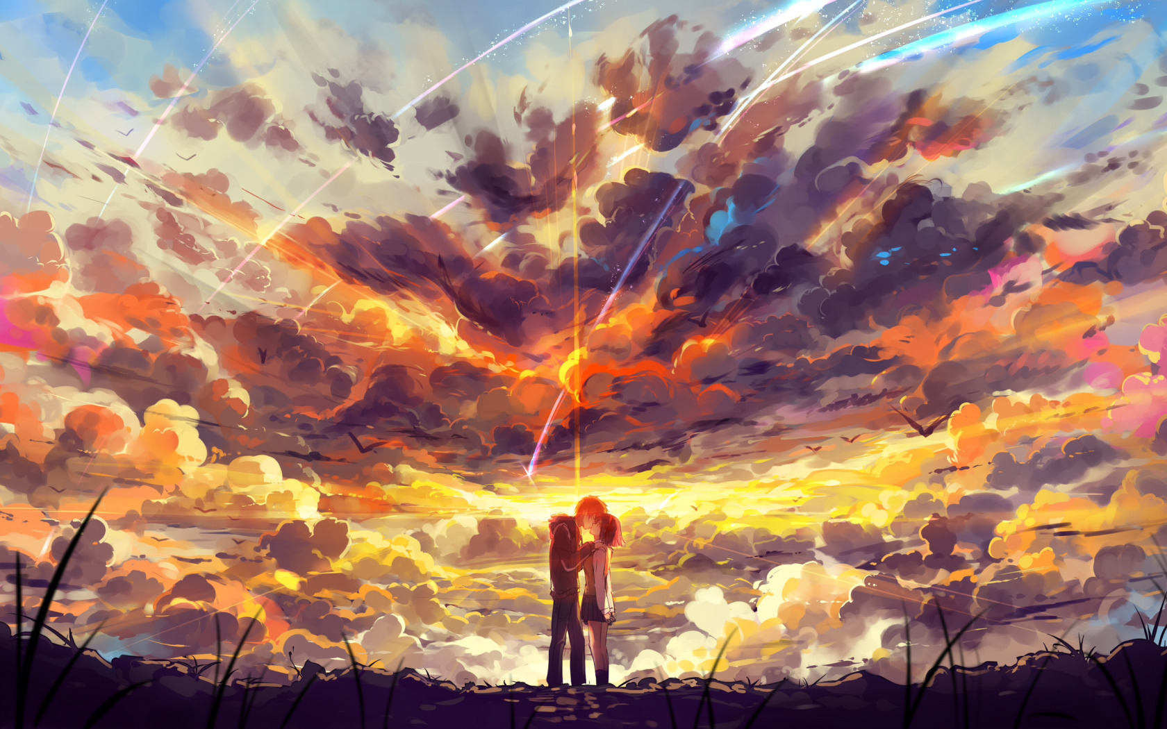 Download wallpaper the sky girl clouds sunset birds kiss anime