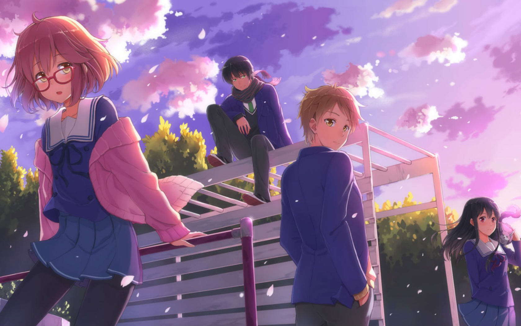 Download wallpaper Anime, kyoukai no kanata, Hiromi, NASA, Mirai Kuriyama,  Akihito Kambara, Mitsuki, Nase, Playground., section other in resolution  1680x1050