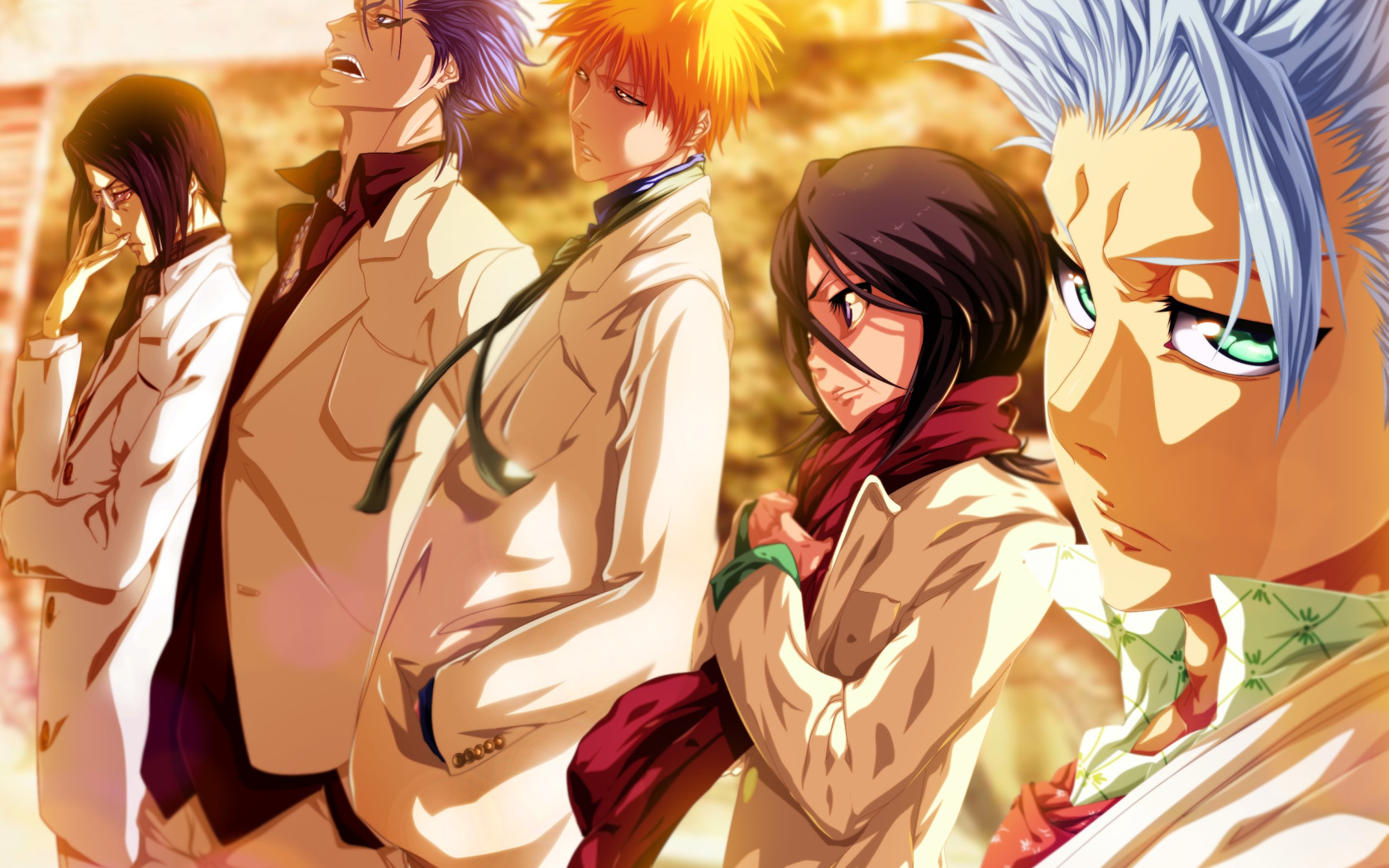 Download wallpaper Bleach, Ichigo Kurosaki, anime, art, Kuchiki Rukia,  Toshiro Hitsugaya, Grimmjow Jaegerjaquez, Uryuu Ishida, section shonen in  resolution 1680x1050