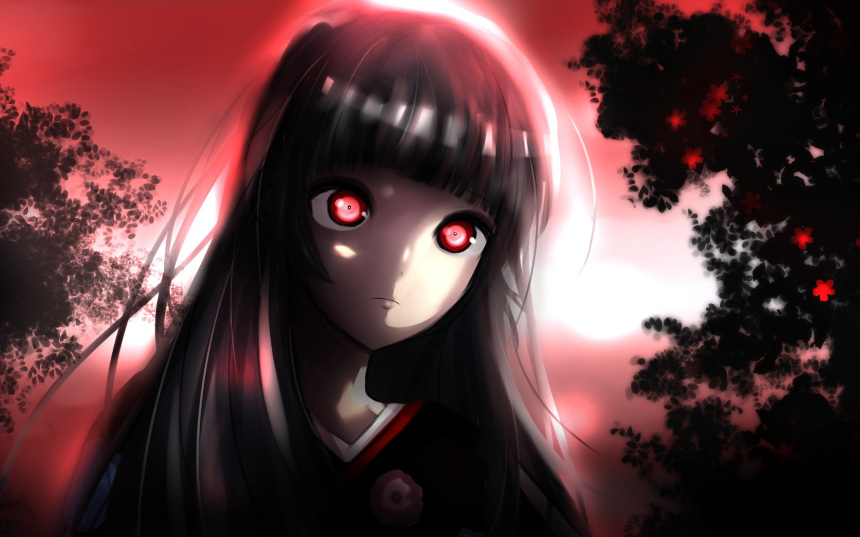 Download wallpaper anime, night, red eyes, brunette, evil, hell, kimono,  bishojo, section other in resolution 1680x1050