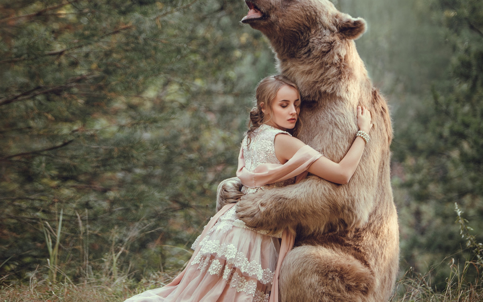 Download Wallpaper Forest, Girl, Dress, Bear, Friendship, Friends, Hugs 