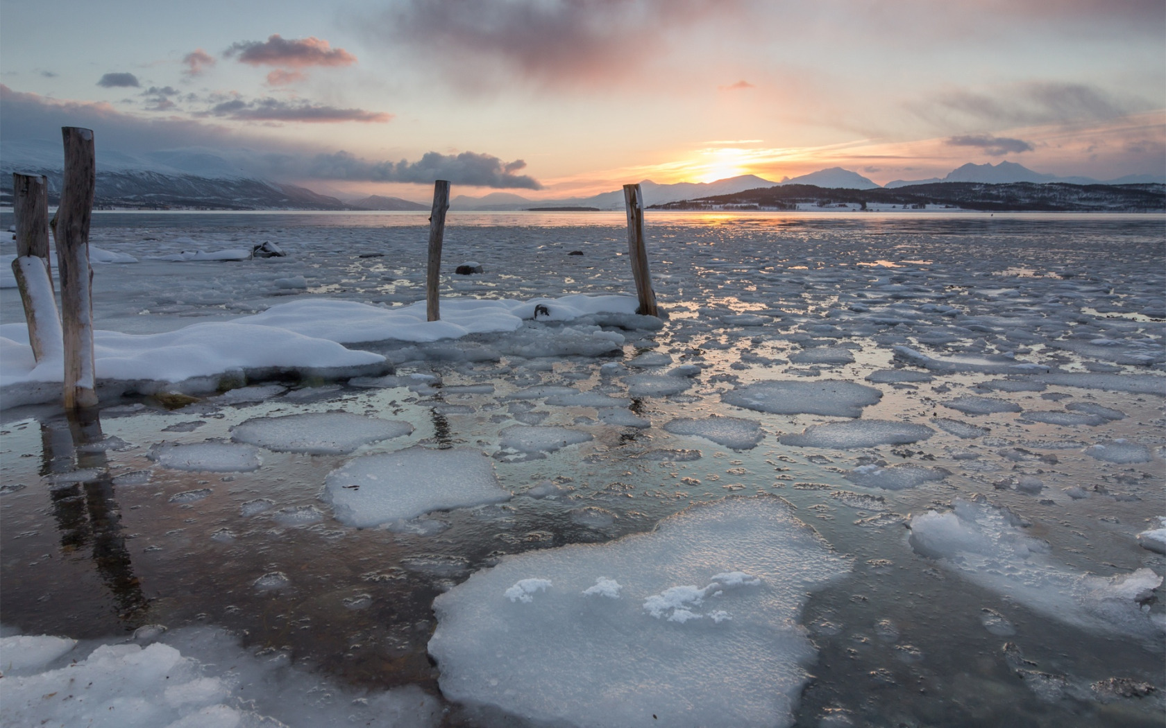 cold, ice, sunset, lake, posts, ice
