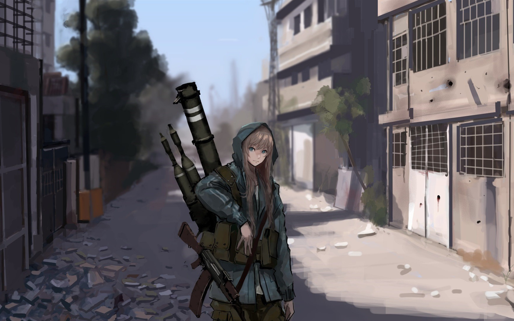 Download wallpaper city, girl, windows, gun, glass, trees, military ...