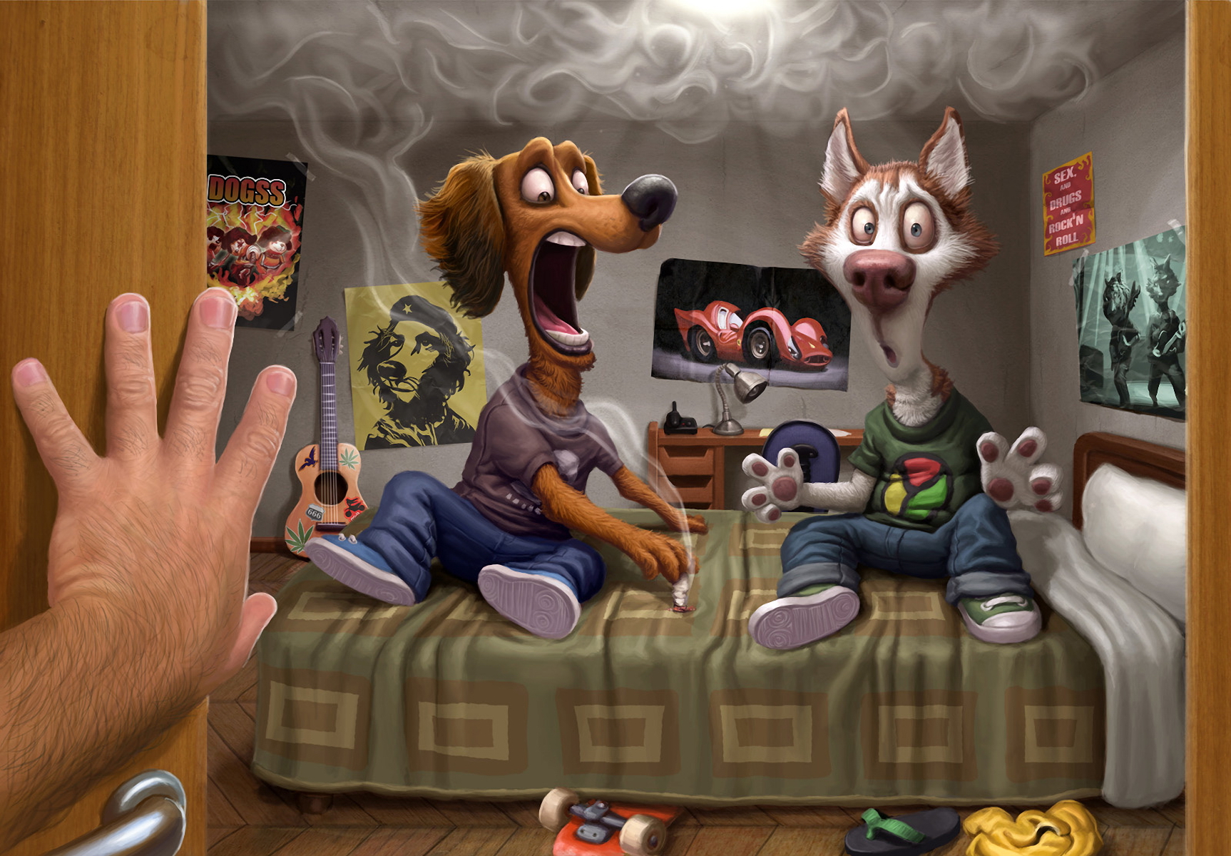 Download wallpaper dogs, room, smoke, the owner, section situations in  resolution 1726x1200