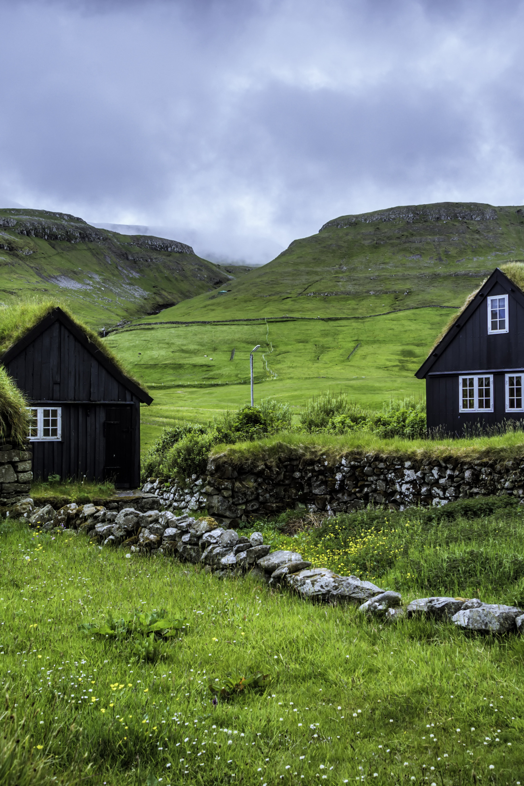 Download wallpaper the sky, clouds, hills, houses, Faroe Islands, Faroe ...