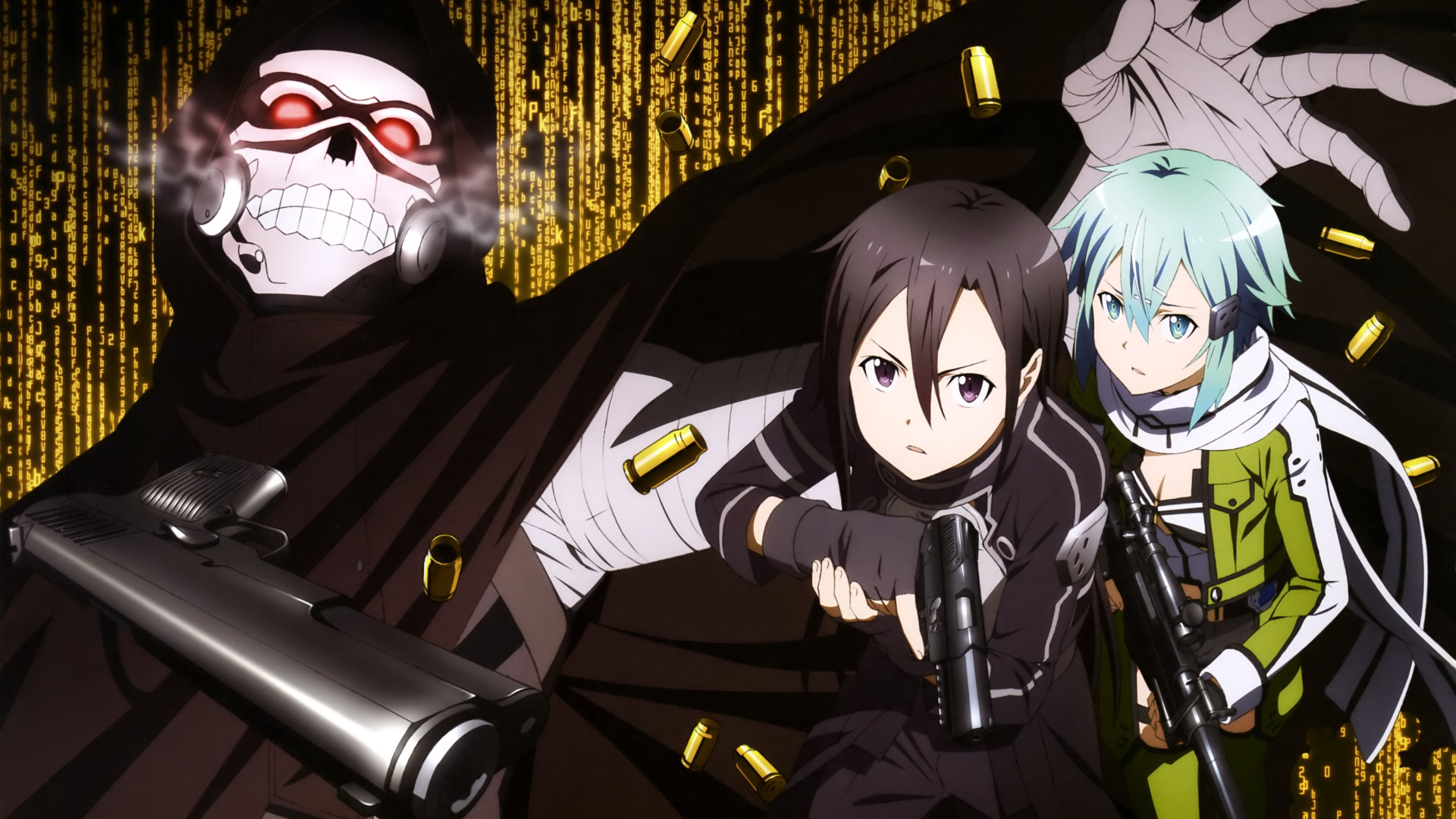 Download Wallpaper Guns, Skull, Scarf, Blue Hair, Art, Sword Art.