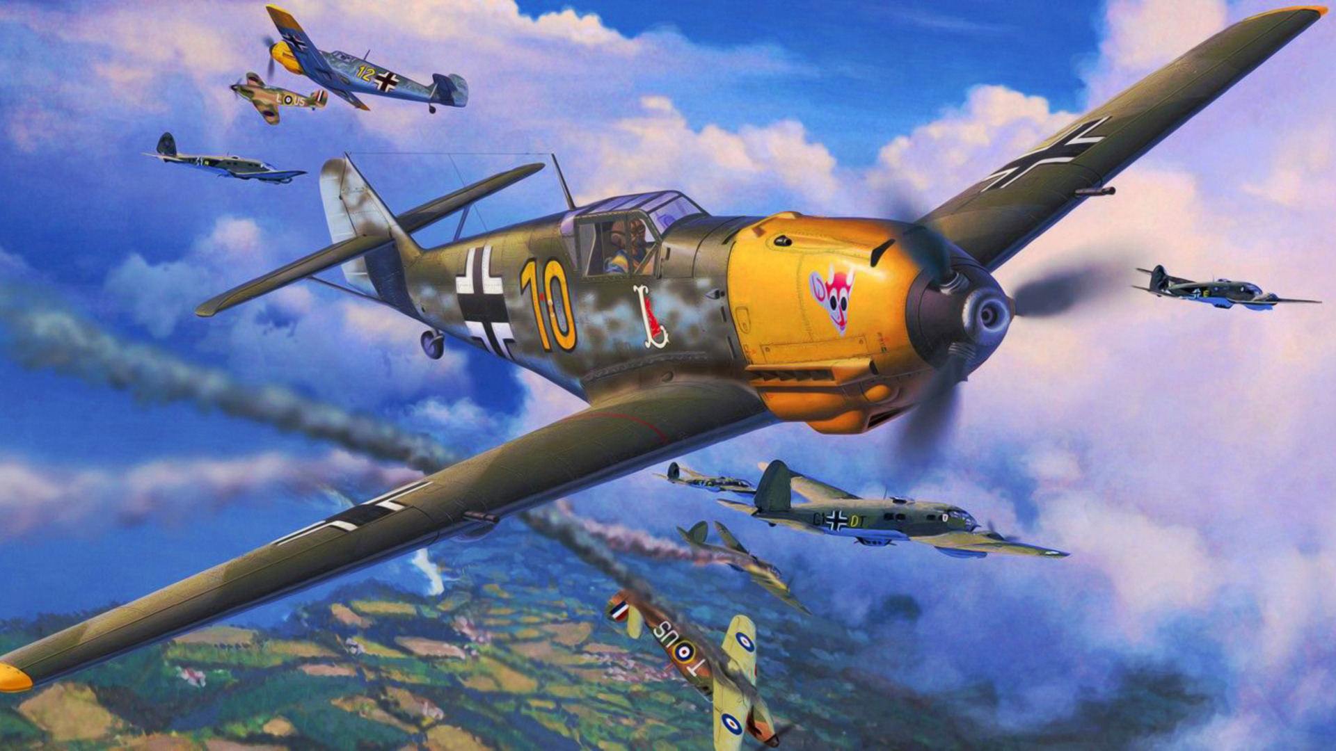 Download Wallpaper War Art Airplane Painting Aviation Ww2 Messerschmitt Bf 109 E 4