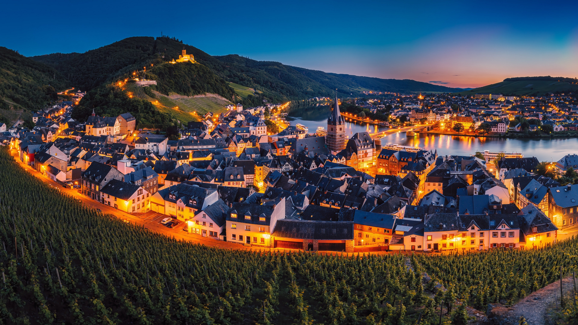 Download Wallpaper Nightscape, Bernkastel, Blue Hour, Vineyard, Section 