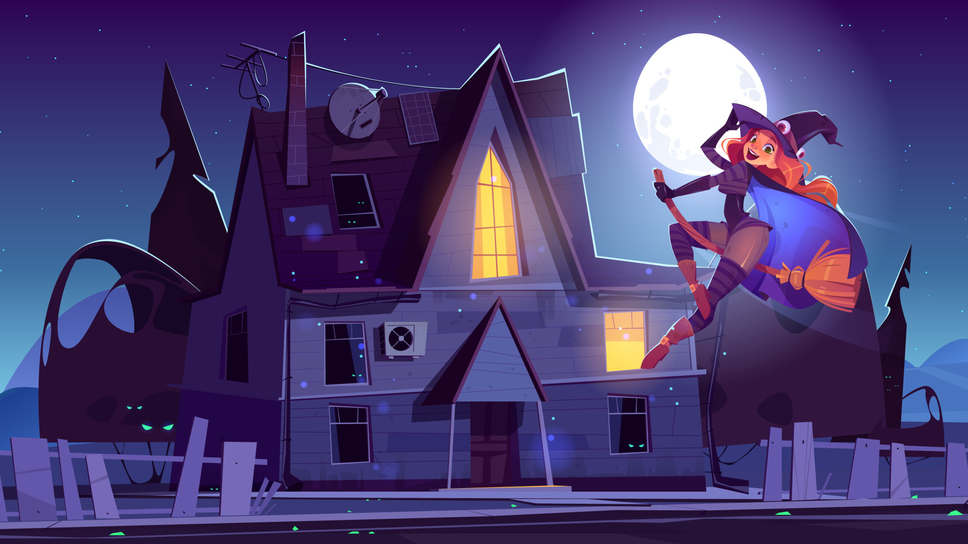 Download Wallpaper Night, The Moon, House, Smile, Witch, Halloween.