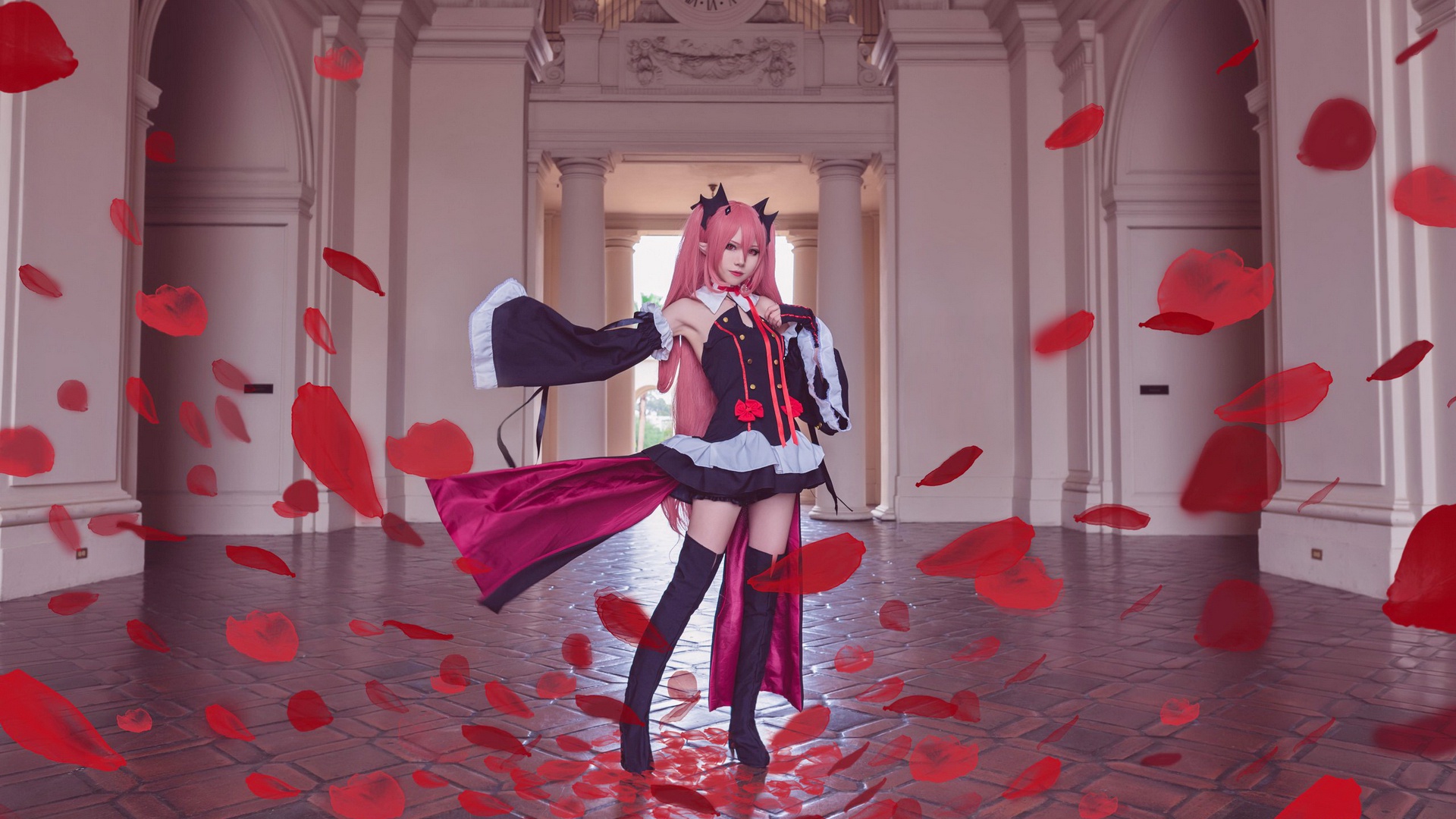 Download wallpaper petals, vampire, cosplay, Krul Tepes, Owari no Seraph,  section style in resolution 1920x1080