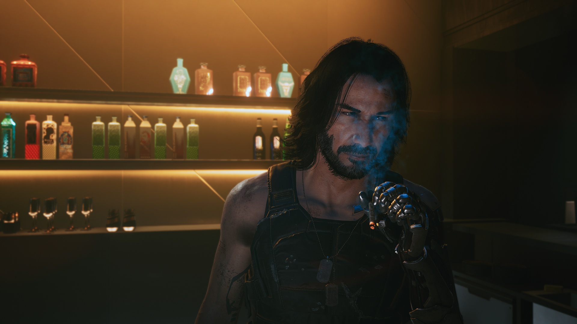 Download wallpaper Bar, Keanu Reeves, Smoke, Keanu Reeves, Smoking, Cyberpunk  2077, Cigarette, Cyberpunk, section games in resolution 1920x1080