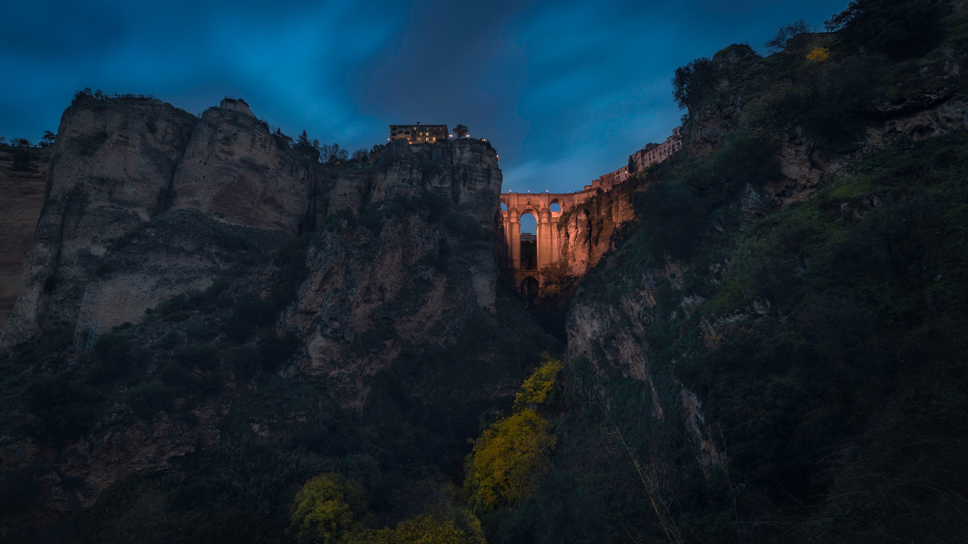 Download Wallpaper Mountains, Night, Bridge, Rocks, Hills.