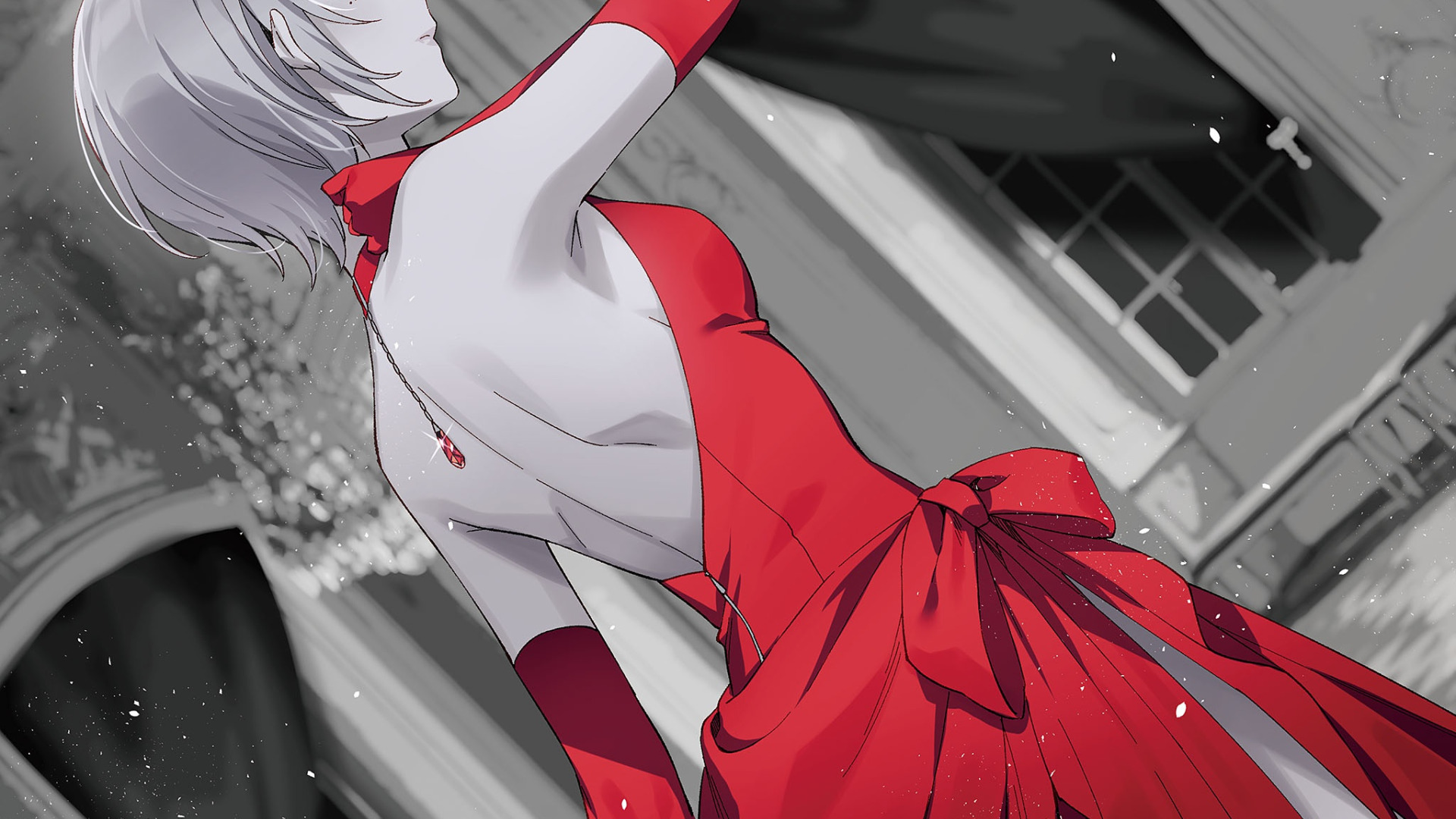 Wallpaper girl, manga, red dress, monochrome, Hyakki, Spy