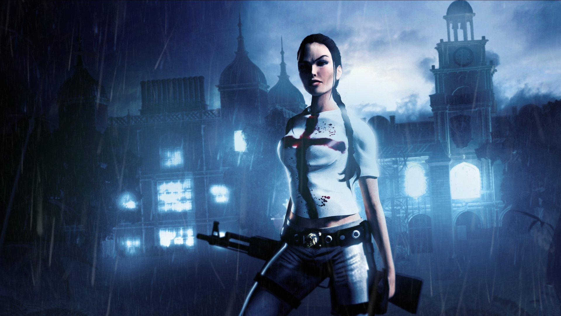 Download wallpaper girl, night, rain, machine, mansion, lara croft, fan ...