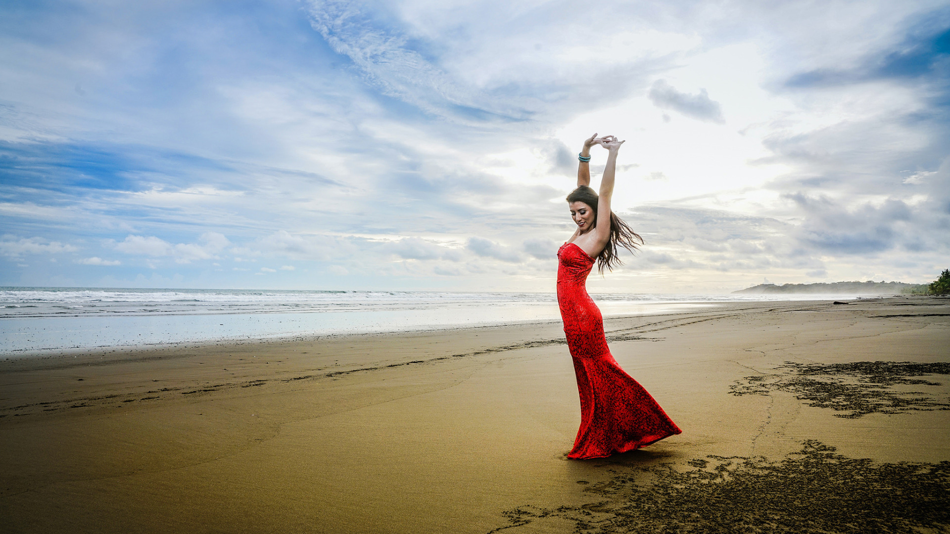 Download wallpaper wave, girl, shore, dance, surf, in red, Kimberly ...