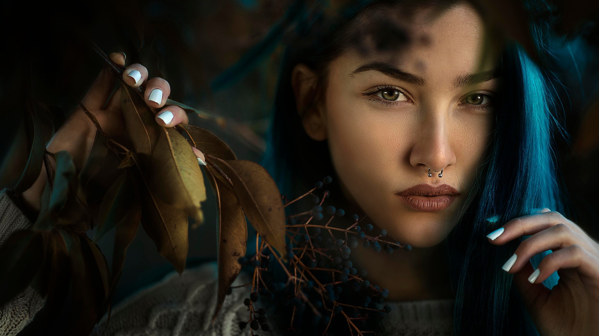 Download Wallpaper Look, Girl, Branches, Portrait, Piercing, Manthos ...